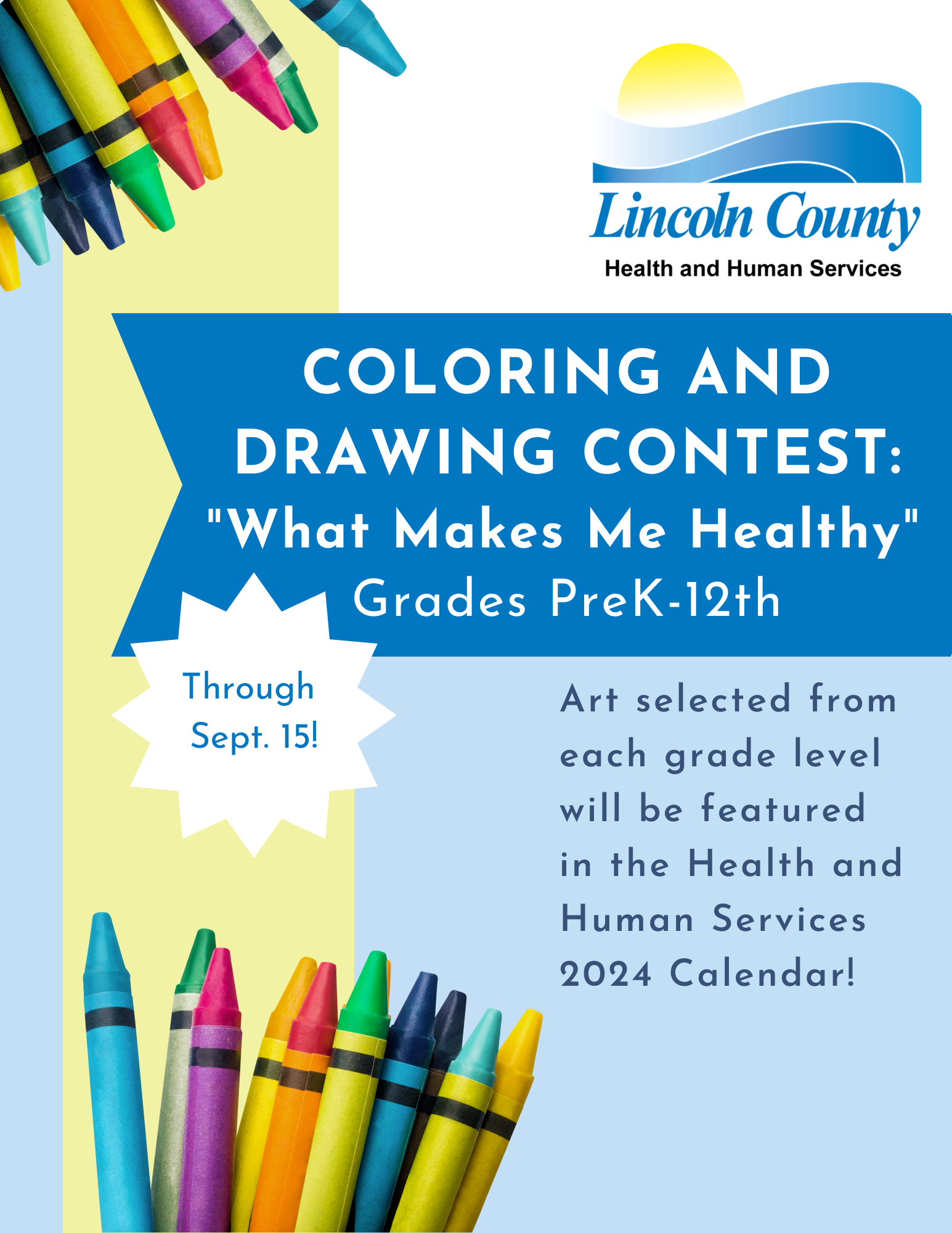 Crayons and text describing coloring contest for ages 1 through 18