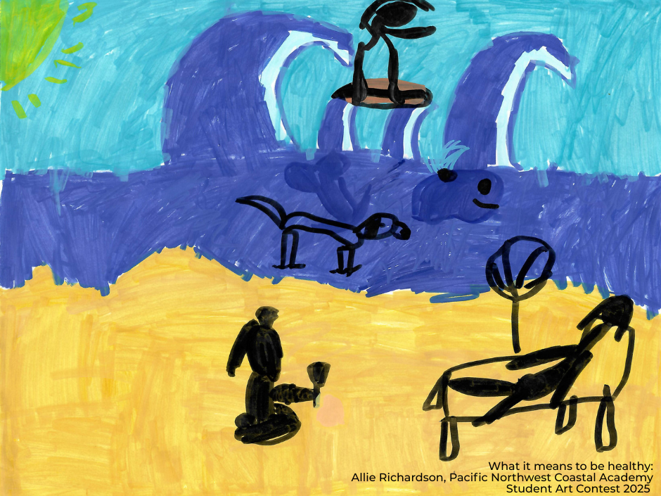 Children's artwork of beach scene. Dog in water, person surfing, playing, and lounging on beach