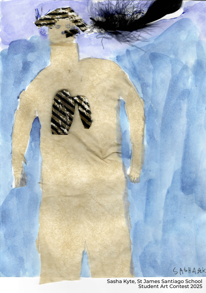 Children's artwork of person with dark lungs. Painting with fabric hair and lungs with feather sm