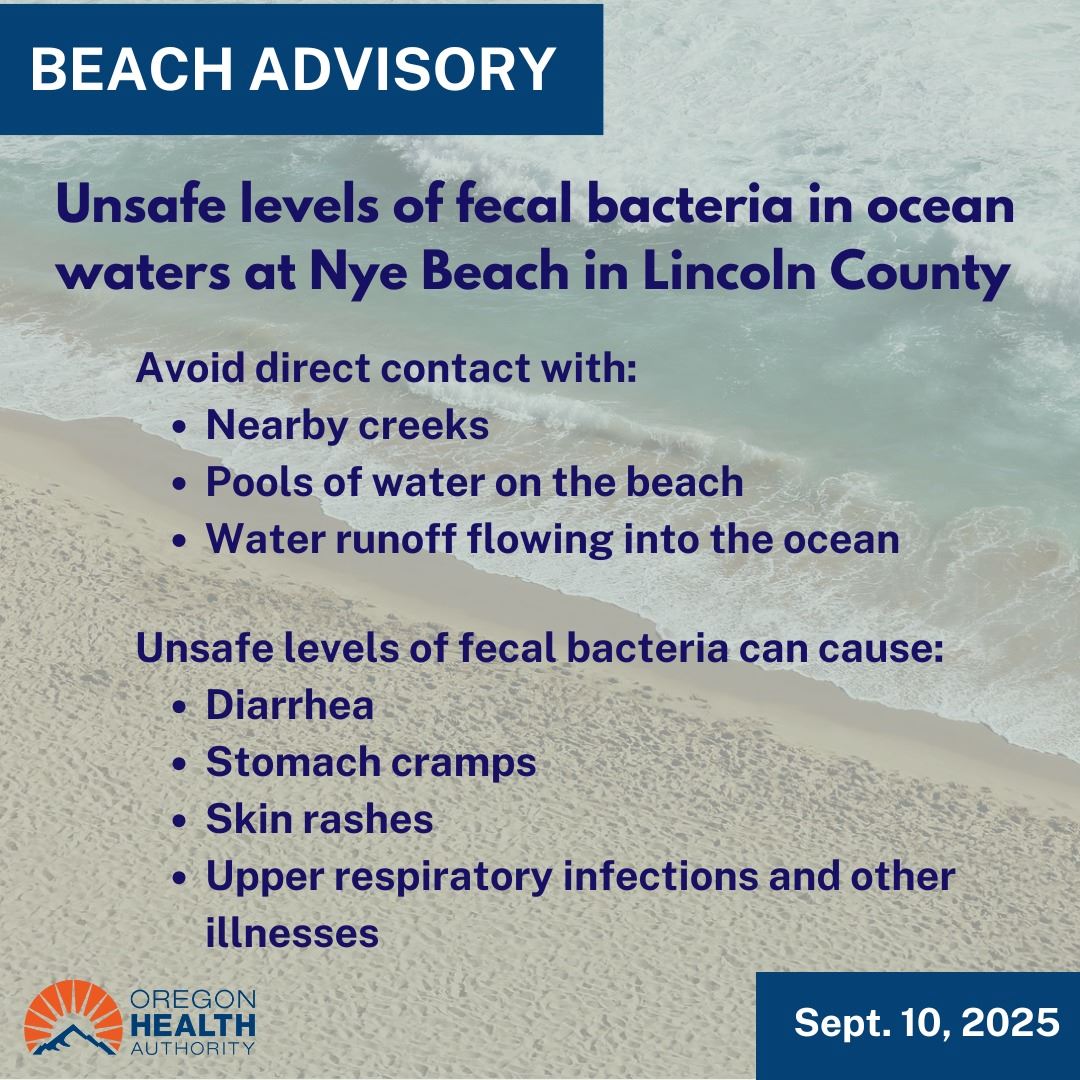 Image of each with warning on Nye Beach Health Advisory