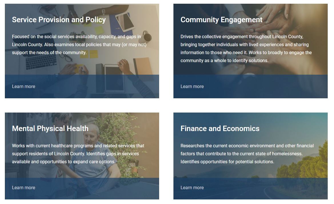 Four Homeless advisory board workgroups are listed with graphics