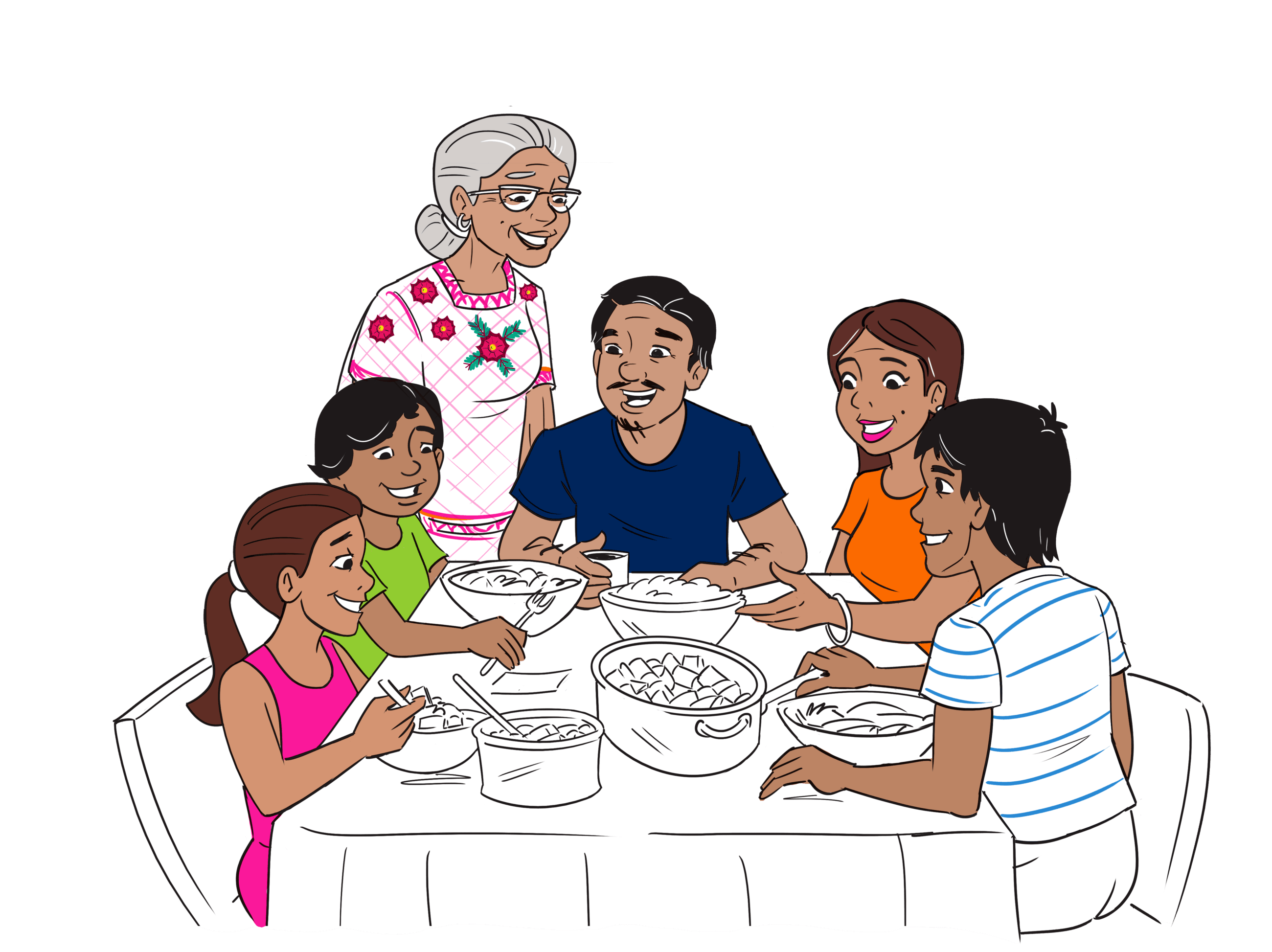 A multigenerational family sits around the table sharing a meal. 