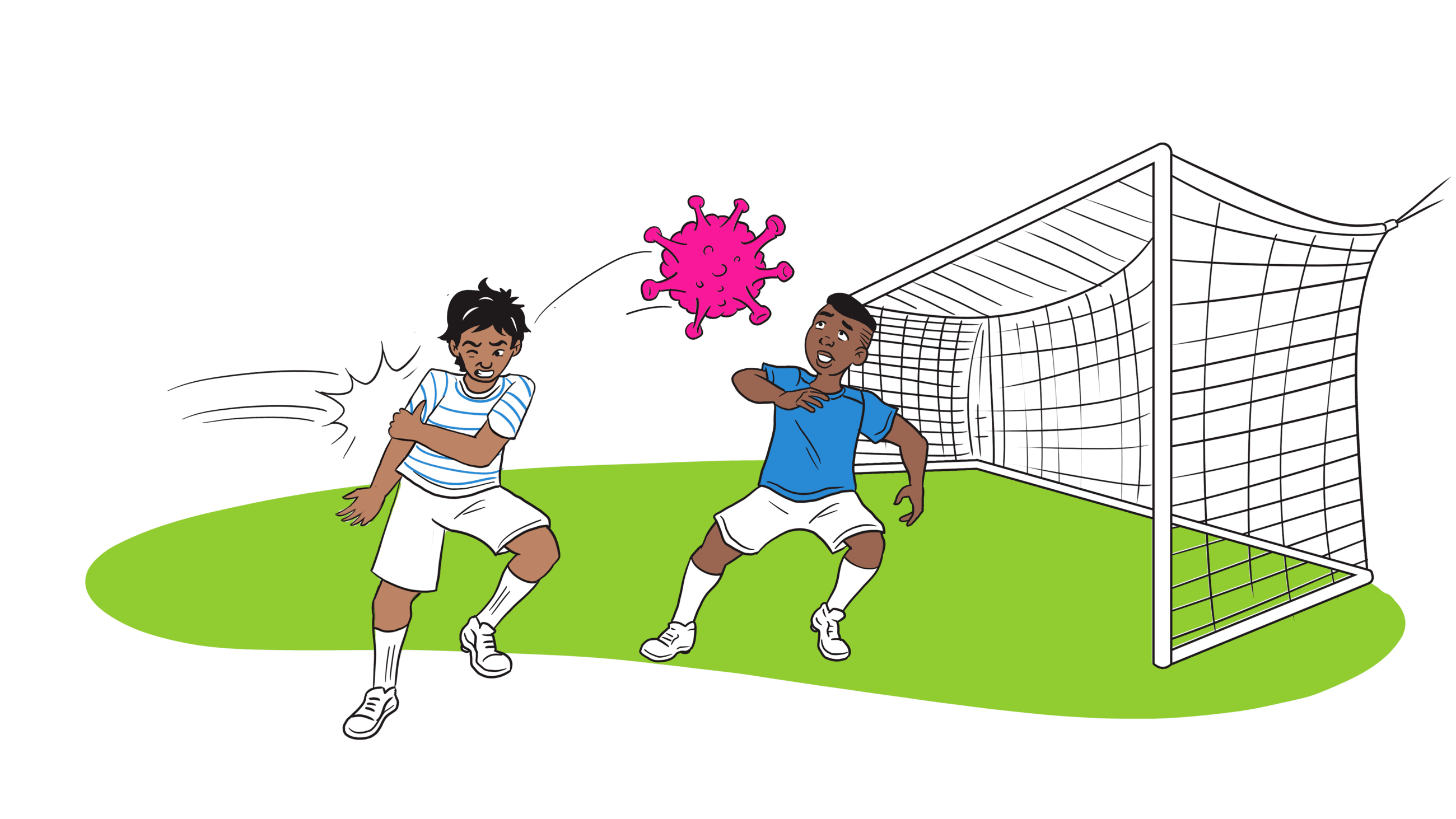 Children playing soccer protecting the goal against a virus. The virus hits one in the arm.