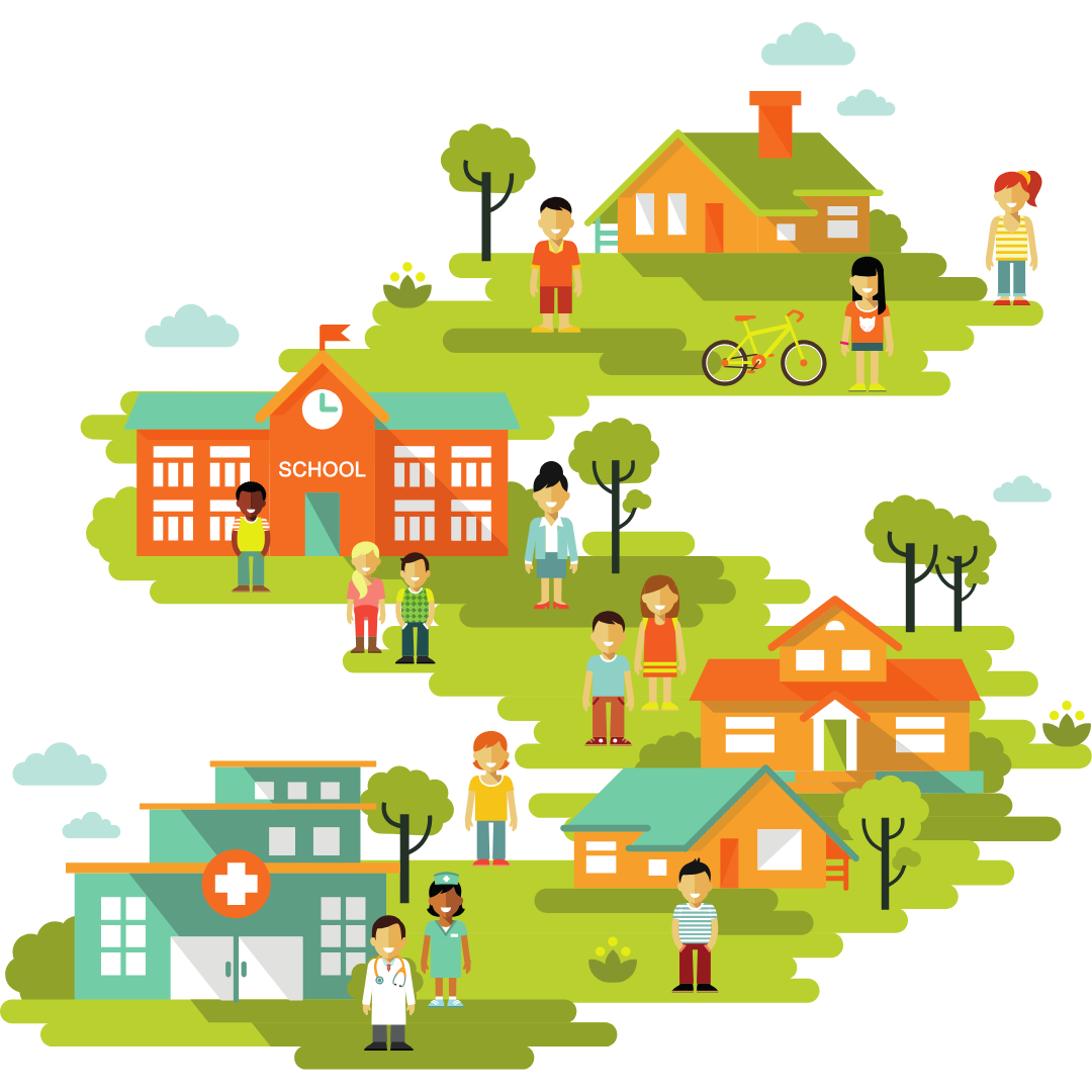 Illustration of a community, including a school, hospital, houses, and diverse people. 